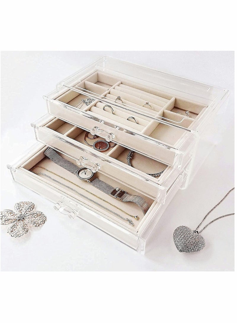Elegant Velvet Jewelry Box for Women - 3 Drawer Organizer for Earrings, Bracelets, Necklaces & Rings in Clear Acrylic Case - Image 2