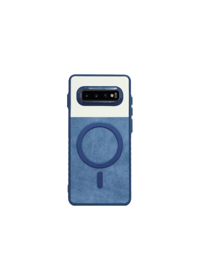 Compatible with Luxury Leather Back Case with Wireless Charging and Electroplated Shockproof Camera Frame for Samsung Galaxy S10 Plus (Blue)