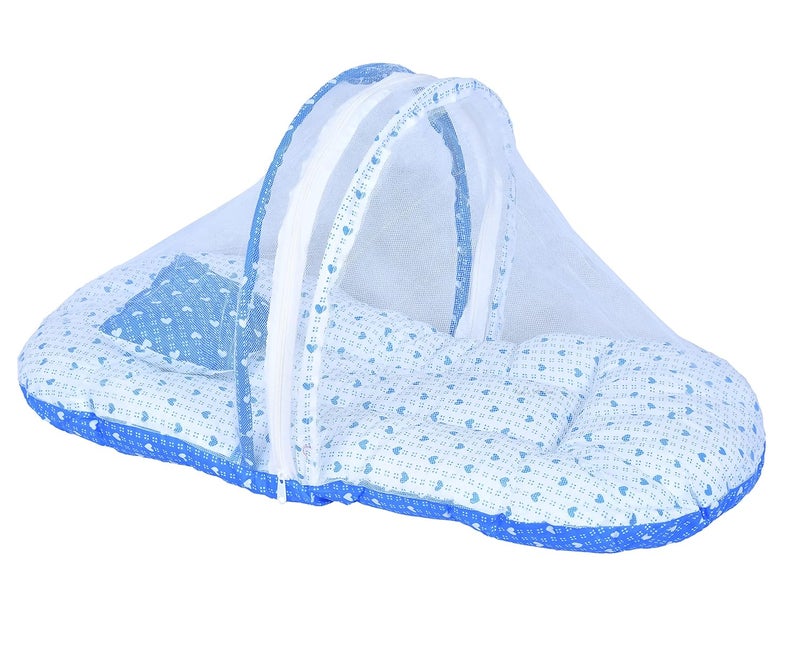 Kid's Charm Kids Charm DottedHeart Premium Baby Net Bed with Thick Mattress Mosquito Net with Zip Closure Neck Pillow Baby Bedding for New Born Baby Sleeping Bed Mini for 04 Months Babies Blue - Image 1