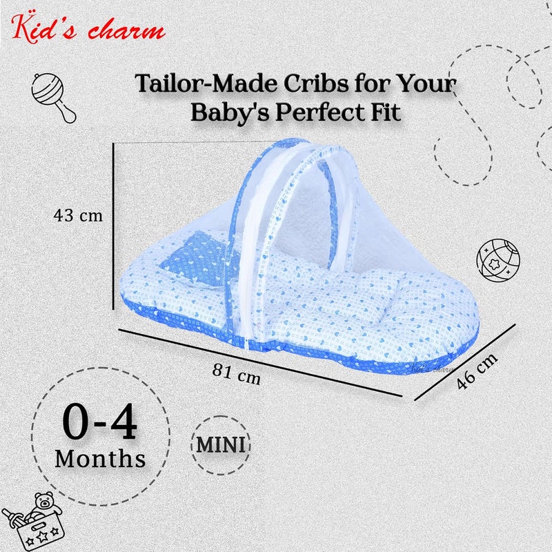 Kid's Charm Kids Charm DottedHeart Premium Baby Net Bed with Thick Mattress Mosquito Net with Zip Closure Neck Pillow Baby Bedding for New Born Baby Sleeping Bed Mini for 04 Months Babies Blue - Image 2