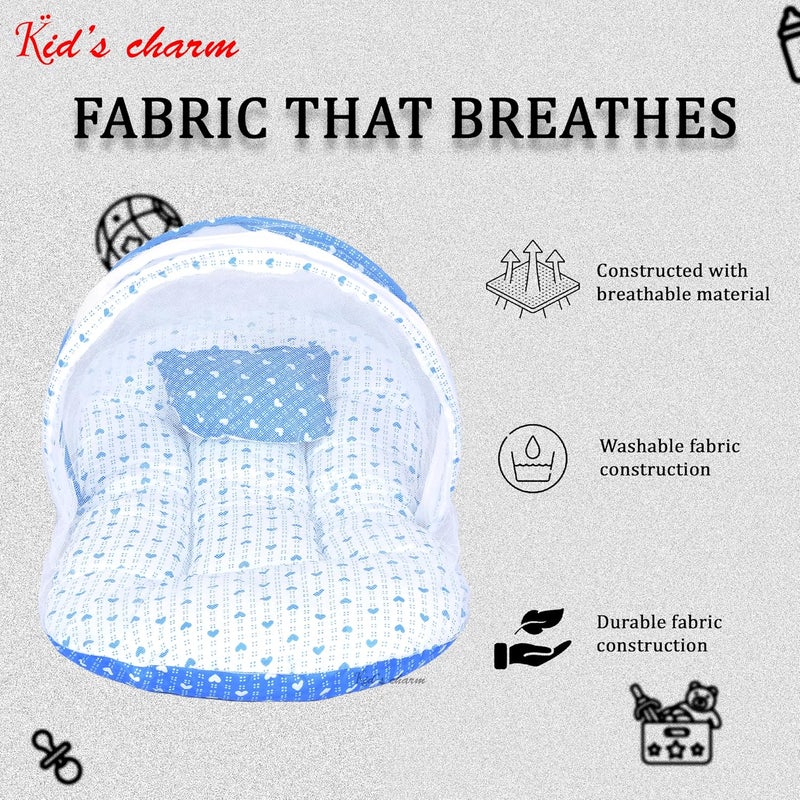 Kid's Charm Kids Charm DottedHeart Premium Baby Net Bed with Thick Mattress Mosquito Net with Zip Closure Neck Pillow Baby Bedding for New Born Baby Sleeping Bed Mini for 04 Months Babies Blue - Image 5
