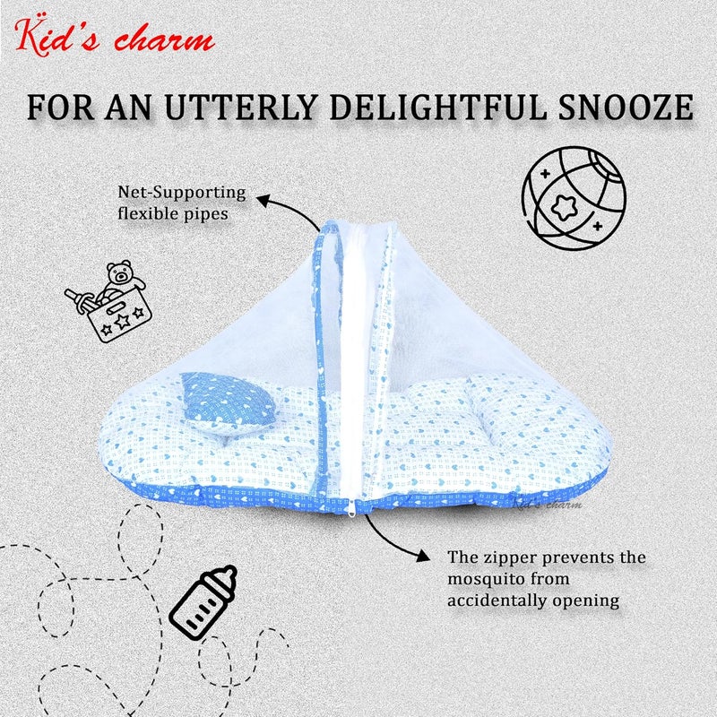 Kid's Charm Kids Charm DottedHeart Premium Baby Net Bed with Thick Mattress Mosquito Net with Zip Closure Neck Pillow Baby Bedding for New Born Baby Sleeping Bed Mini for 04 Months Babies Blue - Image 3