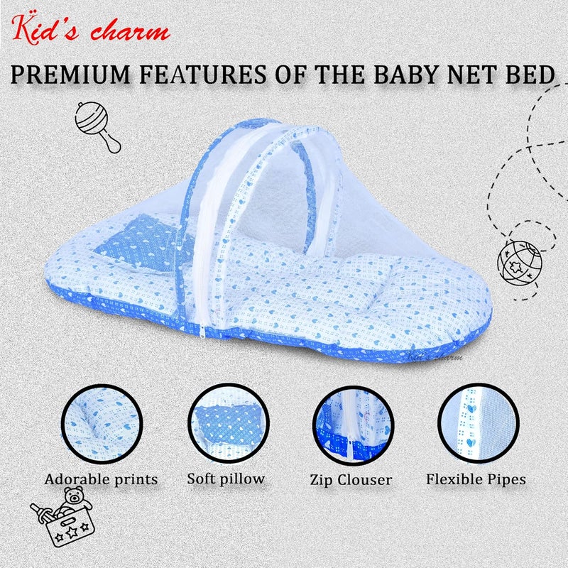 Kid's Charm Kids Charm DottedHeart Premium Baby Net Bed with Thick Mattress Mosquito Net with Zip Closure Neck Pillow Baby Bedding for New Born Baby Sleeping Bed Mini for 04 Months Babies Blue - Image 4