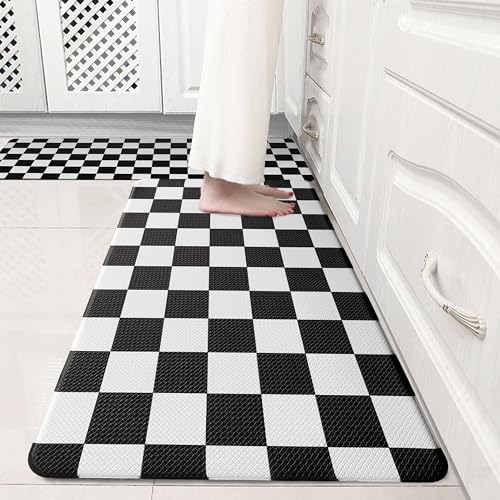 VivaNest Black Checkered Grid Checkerboard Kitchen Rug Sets [2 PCs], Anti-Fatigue, Waterproof Non-Slip Kitchen Mats Heavy Duty Ergonomic Comfort Foam Rug for Floor, Home, Laundry,17"x29"+17"x47" - Image 1