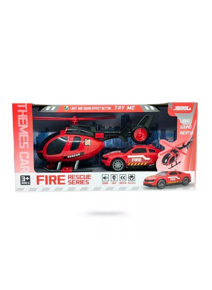 Premium Fire Rescue Car & Helicopter Set – Light and Sound Emergency Toys