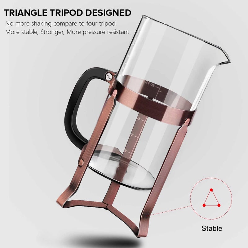 QUQIYSO French Press Coffee Maker 34oz 304 Stainless Steel with 4 Filter, Heat Resistant Durable, Easy to Clean, Borosilicate Glass Press, 100% BPA Free Teapot (Copper) - Image 3