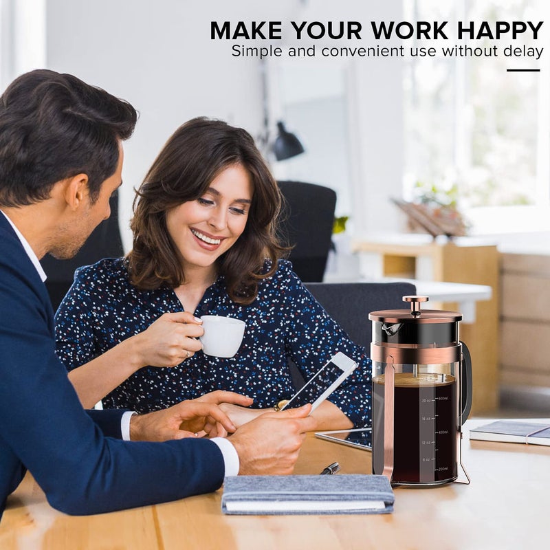 QUQIYSO French Press Coffee Maker 34oz 304 Stainless Steel with 4 Filter, Heat Resistant Durable, Easy to Clean, Borosilicate Glass Press, 100% BPA Free Teapot (Copper) - Image 5