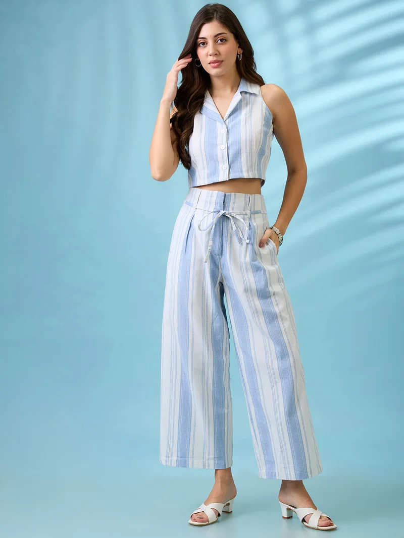 globus Women Blue Striped Notched Lapel Crop Shirt & Wide Leg Trousers Co-Ord Set