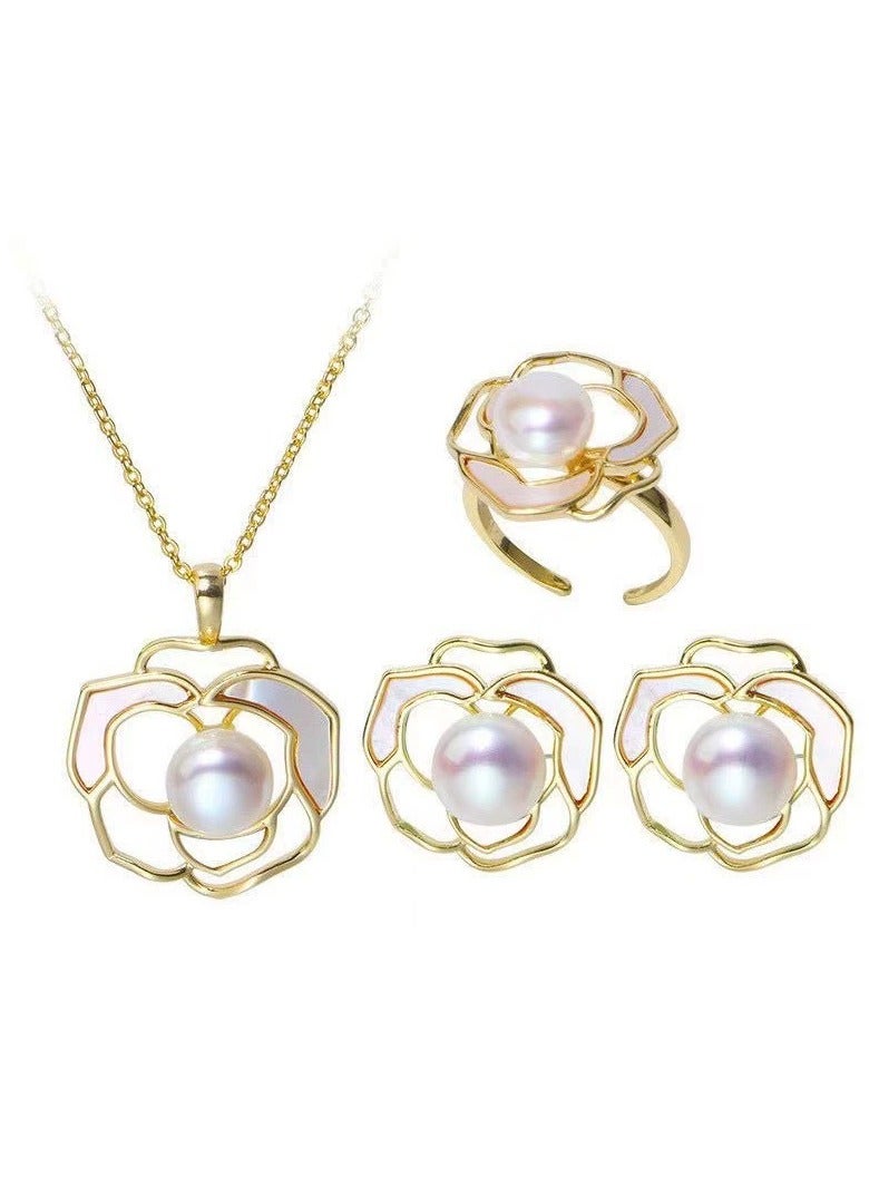 Goolsky French Camellia Pearl Jewelry Set – Elegant 3-Piece Necklace & Earrings for Women, Dainty Luxe Accessories - Image 1