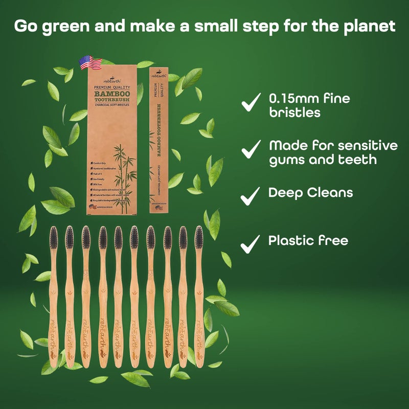 rebEarth Bamboo Aesthetic Toothbrush Wood Set of 10 | Ultra Soft Bristles | Black Charcoal Infused | American Brand | Upgrade Hygiene & Reduce Waste | Brushes Teeth Care | Earth Friendly | Plant Based - Image 3