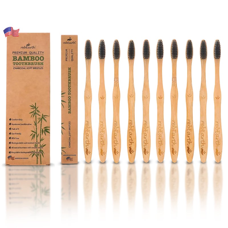 rebEarth Bamboo Aesthetic Toothbrush Wood Set of 10 | Ultra Soft Bristles | Black Charcoal Infused | American Brand | Upgrade Hygiene & Reduce Waste | Brushes Teeth Care | Earth Friendly | Plant Based - Image 1