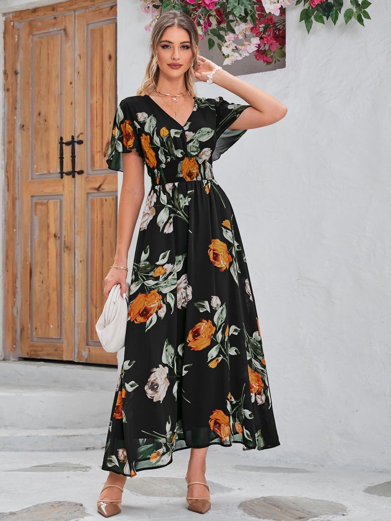 Simplee Apparel Simplee Women Casual Boho Floral Maxi Dress Flowy Long Wedding Guest Dress Holiday Beach V Neck Short Sleeve Maternity Dresses (XL Black) - Image 5