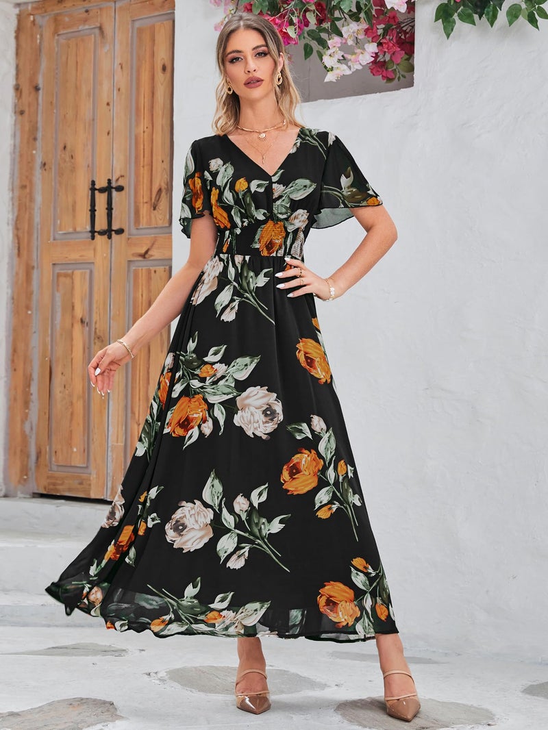 Simplee Apparel Simplee Women Casual Boho Floral Maxi Dress Flowy Long Wedding Guest Dress Holiday Beach V Neck Short Sleeve Maternity Dresses (XL Black) - Image 2