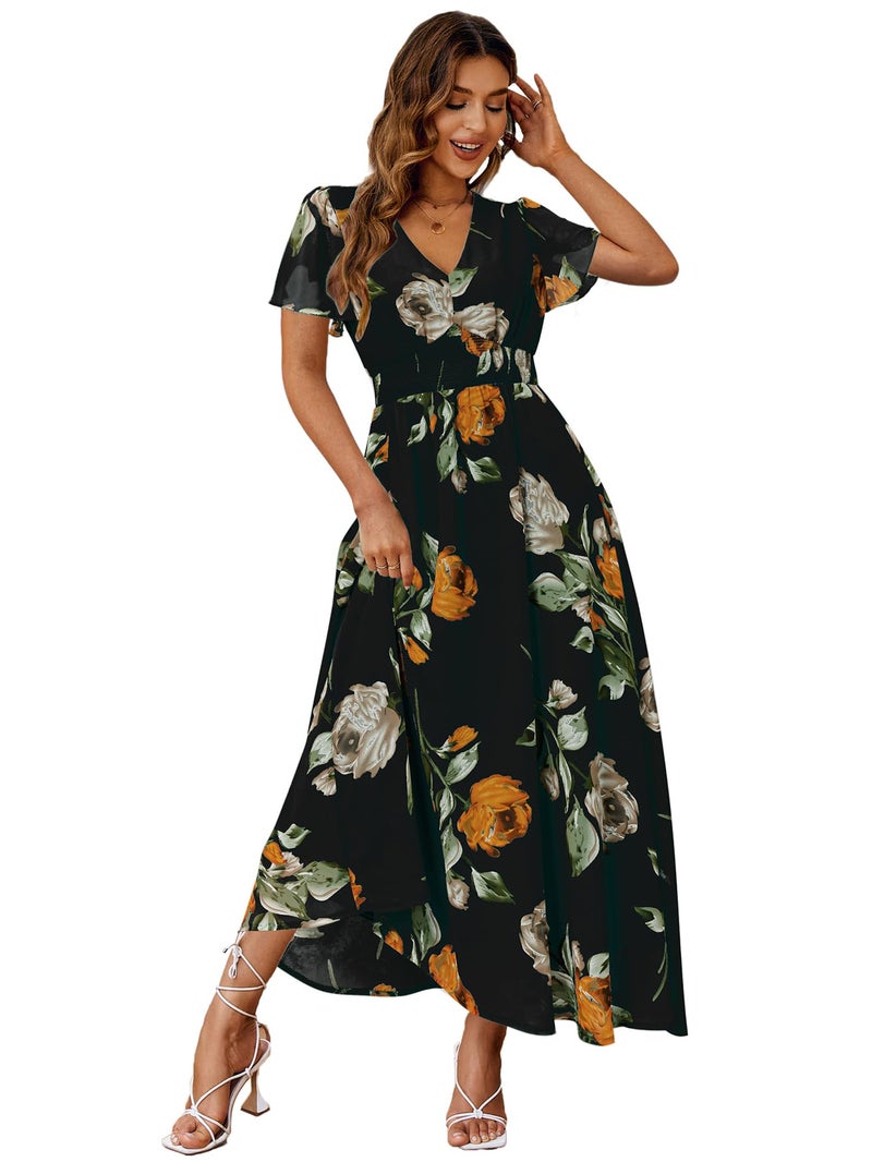 Simplee Apparel Simplee Women Casual Boho Floral Maxi Dress Flowy Long Wedding Guest Dress Holiday Beach V Neck Short Sleeve Maternity Dresses (XL Black) - Image 1