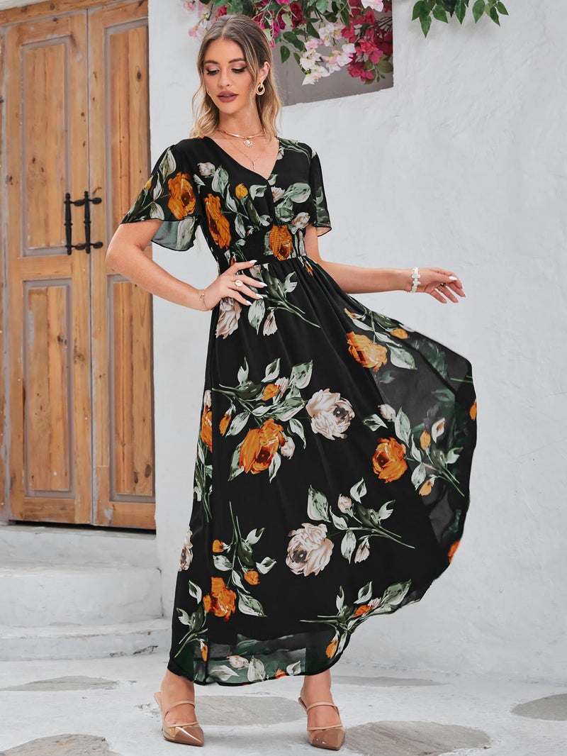 Simplee Apparel Simplee Women Casual Boho Floral Maxi Dress Flowy Long Wedding Guest Dress Holiday Beach V Neck Short Sleeve Maternity Dresses (XL Black) - Image 3