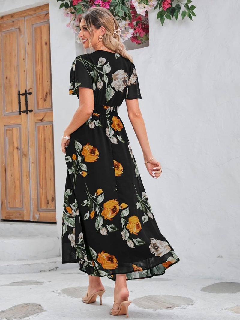 Simplee Apparel Simplee Women Casual Boho Floral Maxi Dress Flowy Long Wedding Guest Dress Holiday Beach V Neck Short Sleeve Maternity Dresses (XL Black) - Image 4
