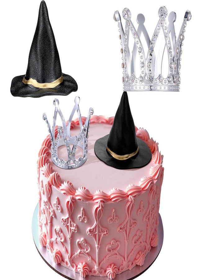 Burbell 2 Pack Witch Hat and Crown Cake Topper, Mini Wizard Hats Crown Cupcake Decorations for Birthday Party Supplies(Classic Style) - Image 1