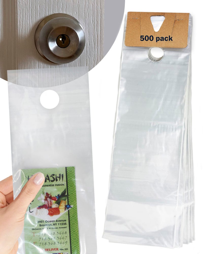 TidyFriend Plastic Door Hanger Bags 6 x 19 500 Pack Clear Door Hanger Bags Protects Flyers Brochures Printed Materials Waterproof and Secure for Outdoor Use
