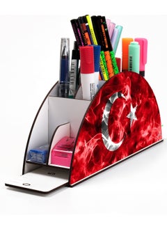 KutuTR Wooden Vip Flag and Airplanes Model Rainbow Ruler Desktop Pen Holder Organizer with Mounted Box  - Image 1