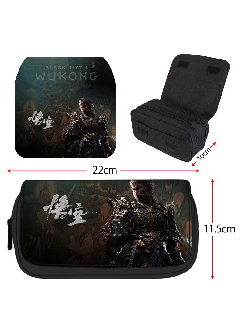 عام حقيبة أقلام رصاص مطبوعة محيطية من Black Myth Wukong لطلاب المدارس الابتدائية والثانوية والمراهقين متعددة الوظائف بطبقة مزدوجة وسعة كبيرة - Image 3