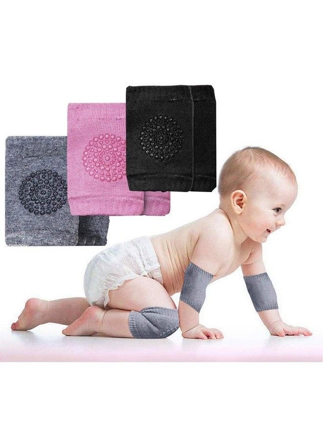 BabyMoon Baby Knee Pads For Crawling Anti Slip Padded Stretchable Elastic Cotton Soft Breathable Comfortable Knee Cap Elbow Safety Protector (Pack Of 3 Pairs Pink Black & Grey)  - Image 2