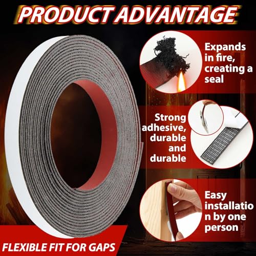 Innconee 2 Rolls Intumescent Smoke Seal Strip Tape Flexible Expanding Fire Door Strips Adhesive Backed Composite Rubber Smoke Gasket Seal for Fire Windows Steel Doors, 0.6'' x 0.08'' x 9.8'/Roll - Image 3