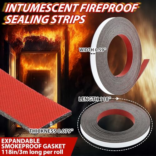 Innconee 2 Rolls Intumescent Smoke Seal Strip Tape Flexible Expanding Fire Door Strips Adhesive Backed Composite Rubber Smoke Gasket Seal for Fire Windows Steel Doors, 0.6'' x 0.08'' x 9.8'/Roll - Image 2