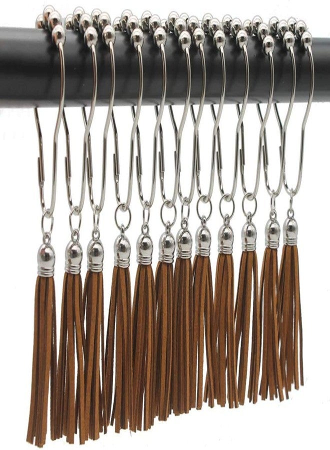 GAHEUNBB Shower Curtain Hooks Rings, 304 Stainless Steel Shower Curtain Rust Resistant Hooks for Bathroom Shower Rods Set of 12 (Brown) - Image 1