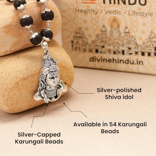 Divine Hindu قلادة شيف الهندوسية الإلهية - كارونجالي مالاي، خرز الأبنوس المختبر في المختبر، قلادة بلون الفضة | بوجا، تأمل، العافية الروحية | للرجال والنساء | (8 مم - 54 خرزة) - Image 3