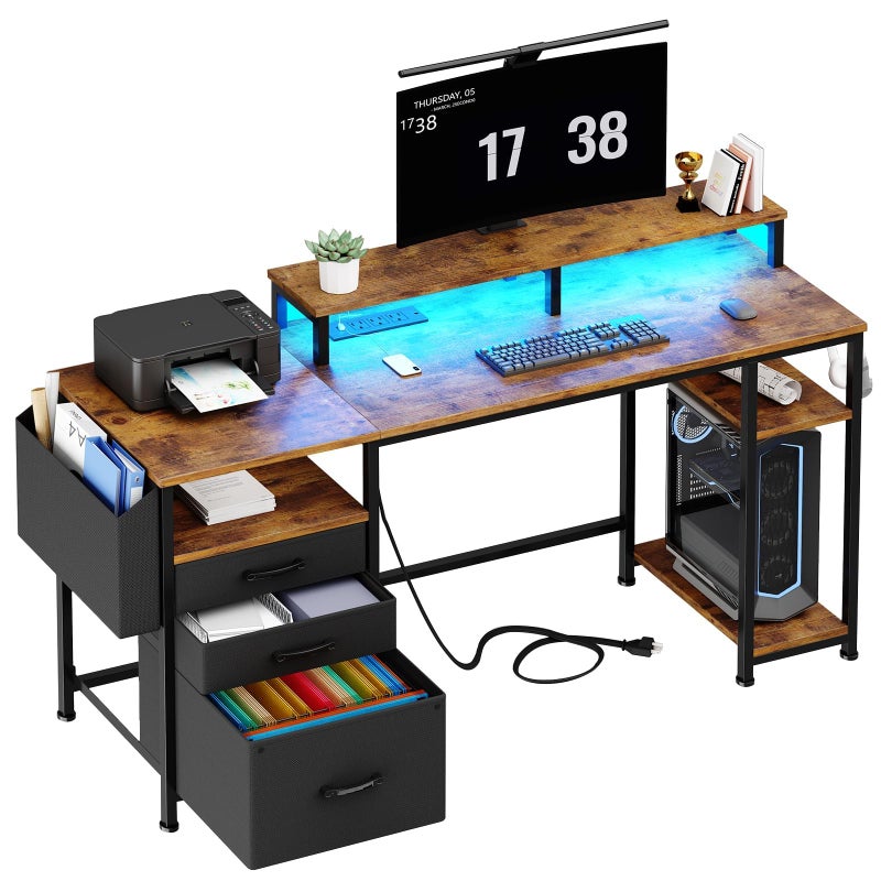 Lufeiya Gaming Desks with Led Lights and Power Outlets 55 Inch Study Writing Computer Desk with Fabric File Drawers Cabinet for Bedroom Home Office Desk with Shelves Monitor Stand Rustic Brown