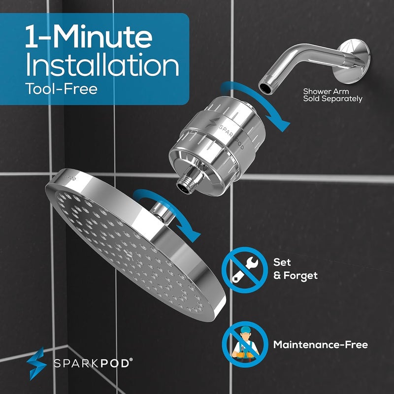 SparkPod Luxury Filtered Shower Head Set 23 Stage Shower Filter - Reduces Chlorine and Heavy Metals - High Pressure Showerhead Filter (8" Round, Luxury Polished Chrome) - Image 5