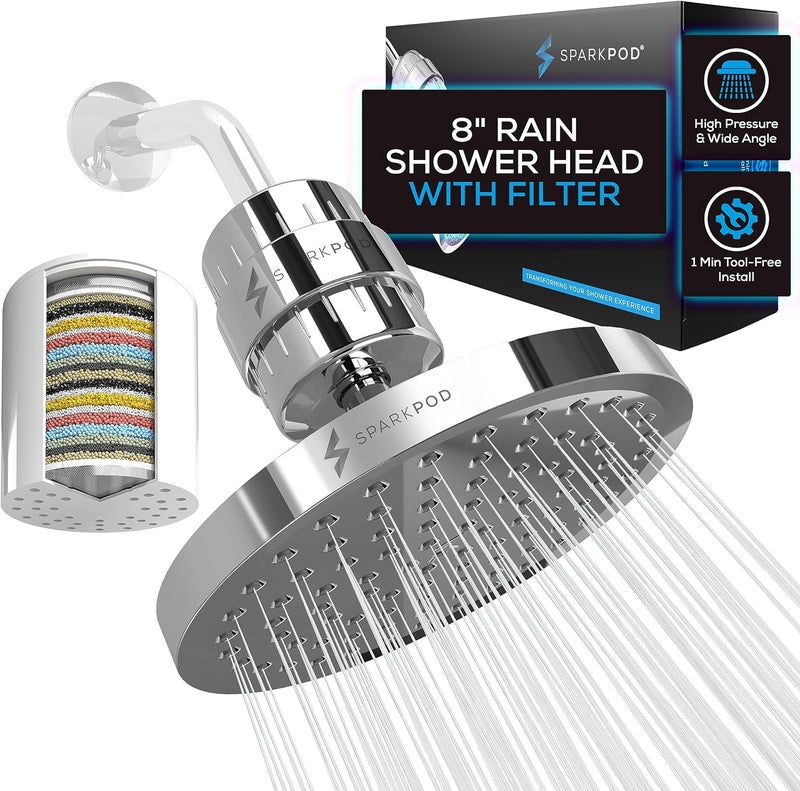 SparkPod Luxury Filtered Shower Head Set 23 Stage Shower Filter - Reduces Chlorine and Heavy Metals - High Pressure Showerhead Filter (8" Round, Luxury Polished Chrome) - Image 1