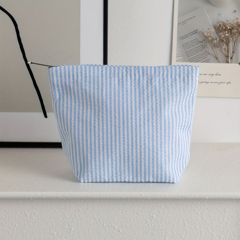 Pink And White Stripes Seersucker Makeup Bag Handheld Cosmetic Pouch Portable Toiletry Organizer - Image 4