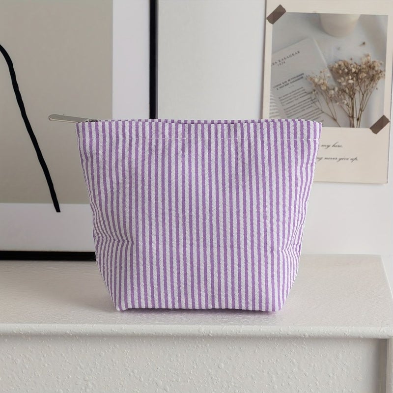 Pink And White Stripes Seersucker Makeup Bag Handheld Cosmetic Pouch Portable Toiletry Organizer - Image 2