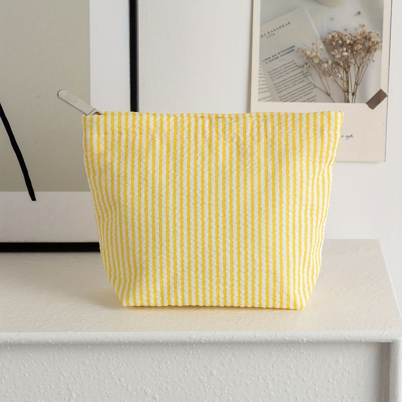 Pink And White Stripes Seersucker Makeup Bag Handheld Cosmetic Pouch Portable Toiletry Organizer - Image 5