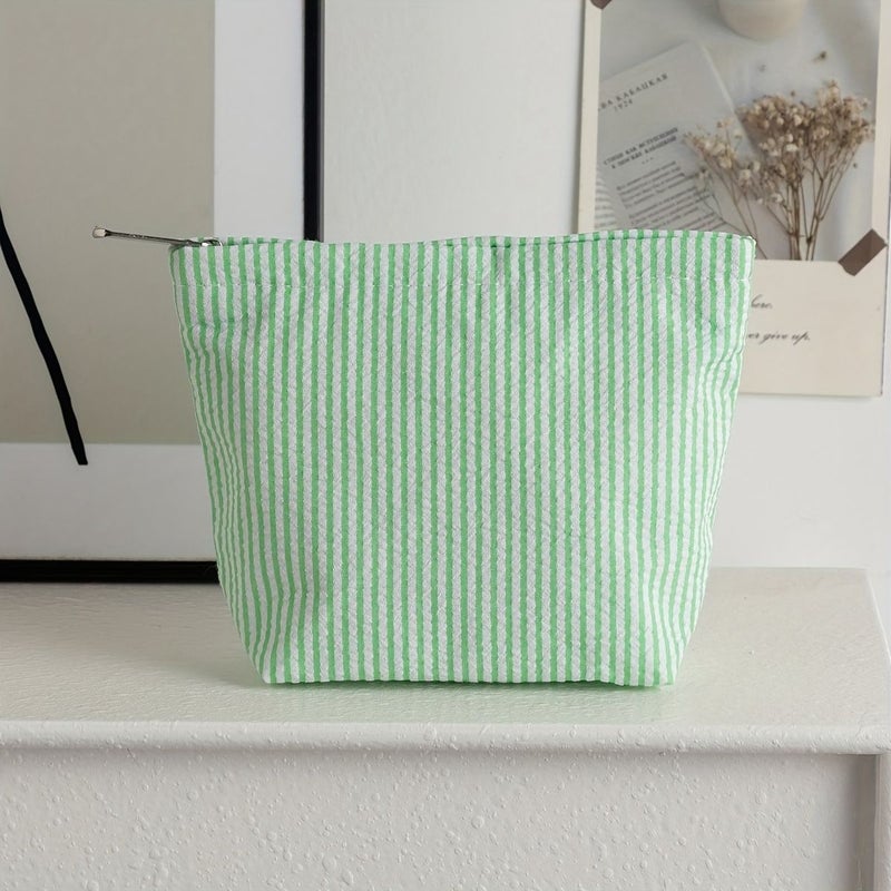 Pink And White Stripes Seersucker Makeup Bag Handheld Cosmetic Pouch Portable Toiletry Organizer - Image 1