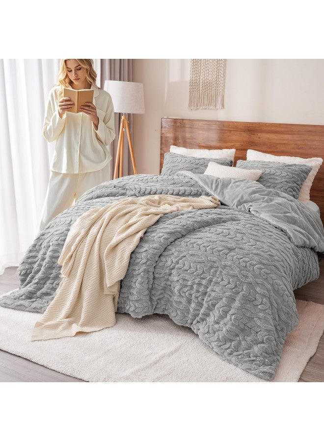 PHF PHF Fluffy Sherpa Fleece Comforter Set King, 3 Pieces Warm Fuzzy Soft Bedding Comforter Set, 3D Tufted Flannel Warm Plush Shaggy Sherpa Bedding Set for Winter (Grey, 104x90Inch)  - Image 1