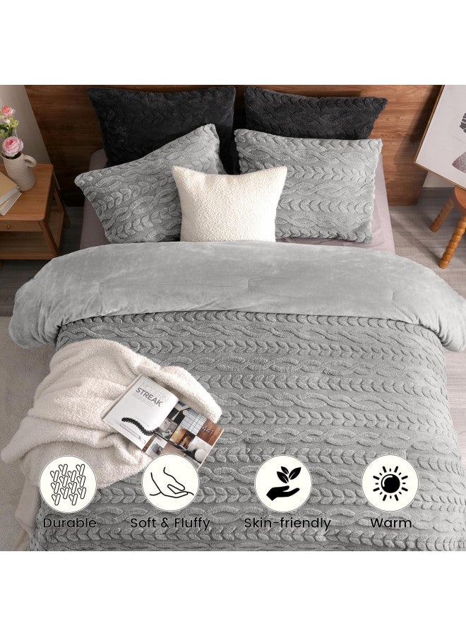 PHF PHF Fluffy Sherpa Fleece Comforter Set King, 3 Pieces Warm Fuzzy Soft Bedding Comforter Set, 3D Tufted Flannel Warm Plush Shaggy Sherpa Bedding Set for Winter (Grey, 104x90Inch)  - Image 3