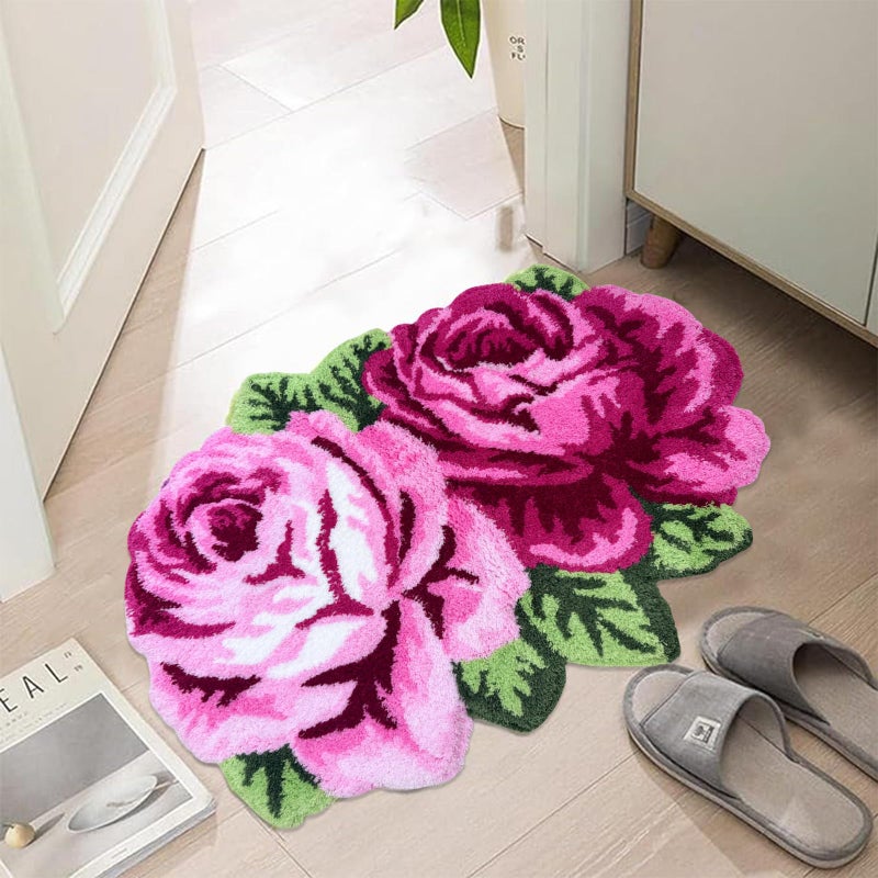 USTIDE USTIDE Pink Rose Rug Rustic Flower Carpet Handmade Romantic Non Slip Area Rugs Doormat for Bathroom Living RoomBedroom Small Bath Rug 197FTx23FT