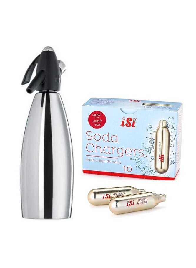 Soda Siphon with 1L Stainless Steel Bottle and CO2 Chargers 8.4g – Pack of 10pcs 