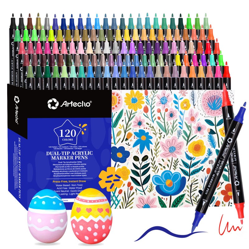 Artecho Acrylic Paint Markers 120 Colors, Acrylic Paint Pens with Brush Tip and Fine Tip for Stone, Rock Painting, Paper, Pumpkin, Wood, Egg, Canvas, Ceramic, Fabric, leather, Glass, DIY Crafts - Image 1