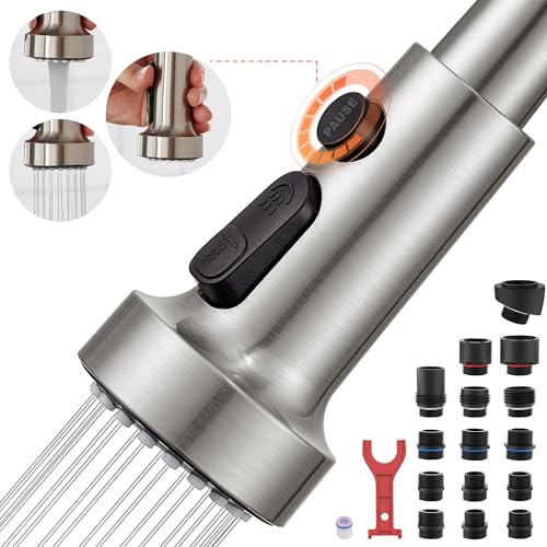 TIORIY with 15 Adapters Pull Down Kitchen Sink Faucet Head Replacement 3 Functions Plastic Kitchen Sink Sprayer Nozzle Replacement for Kitchen Faucet Pause Mode Brushed Nickel - Image 1