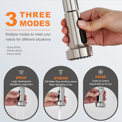 TIORIY with 15 Adapters Pull Down Kitchen Sink Faucet Head Replacement 3 Functions Plastic Kitchen Sink Sprayer Nozzle Replacement for Kitchen Faucet Pause Mode Brushed Nickel - Image 3