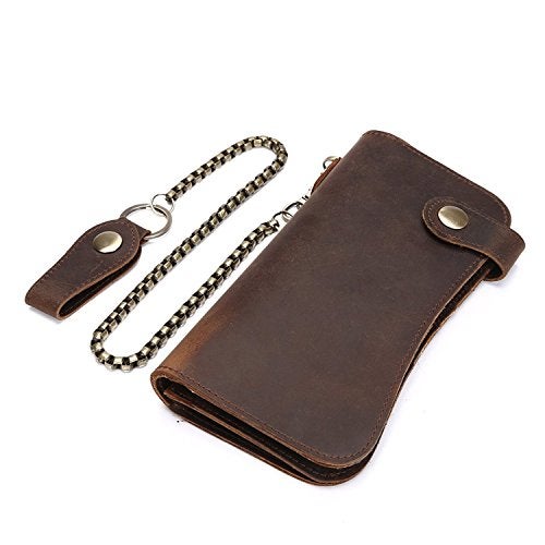 RS Mens Wallet with Chain Leather Long Bifold Trucker Wallet Vintage Biker Money Clip with Zipper(Brown w/Iron Chain) - Image 3