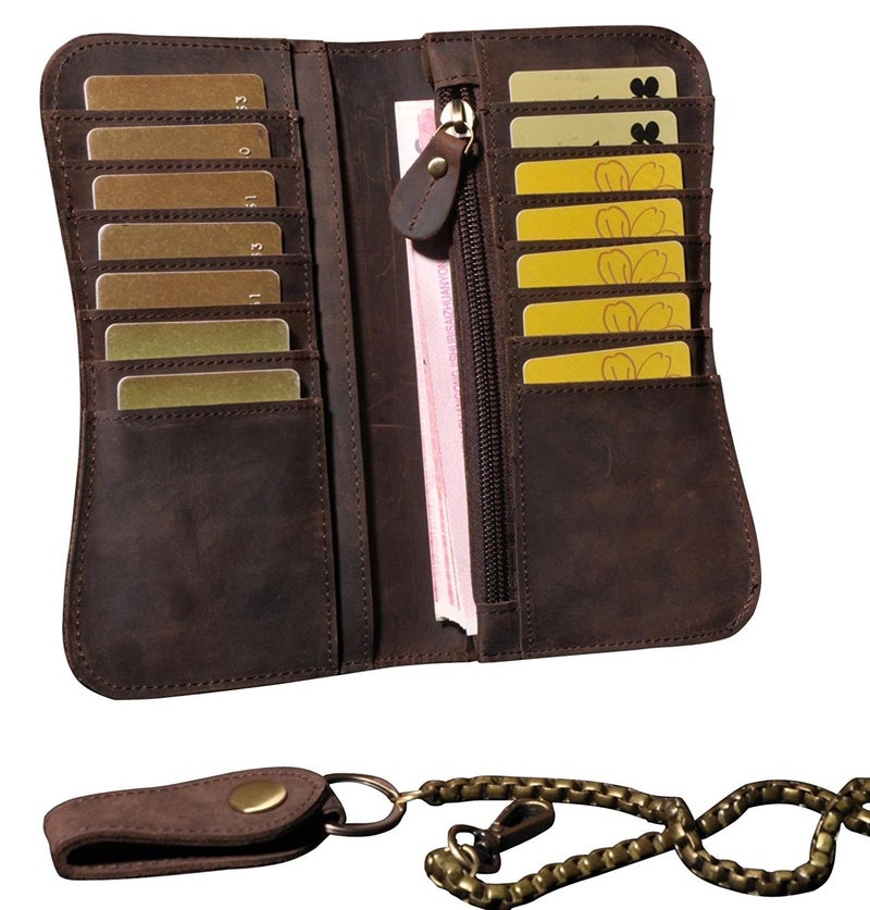 RS Mens Wallet with Chain Leather Long Bifold Trucker Wallet Vintage Biker Money Clip with Zipper(Brown w/Iron Chain) - Image 5
