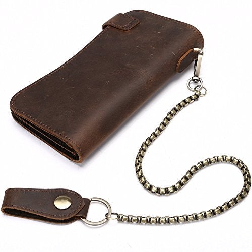 RS Mens Wallet with Chain Leather Long Bifold Trucker Wallet Vintage Biker Money Clip with Zipper(Brown w/Iron Chain) - Image 2