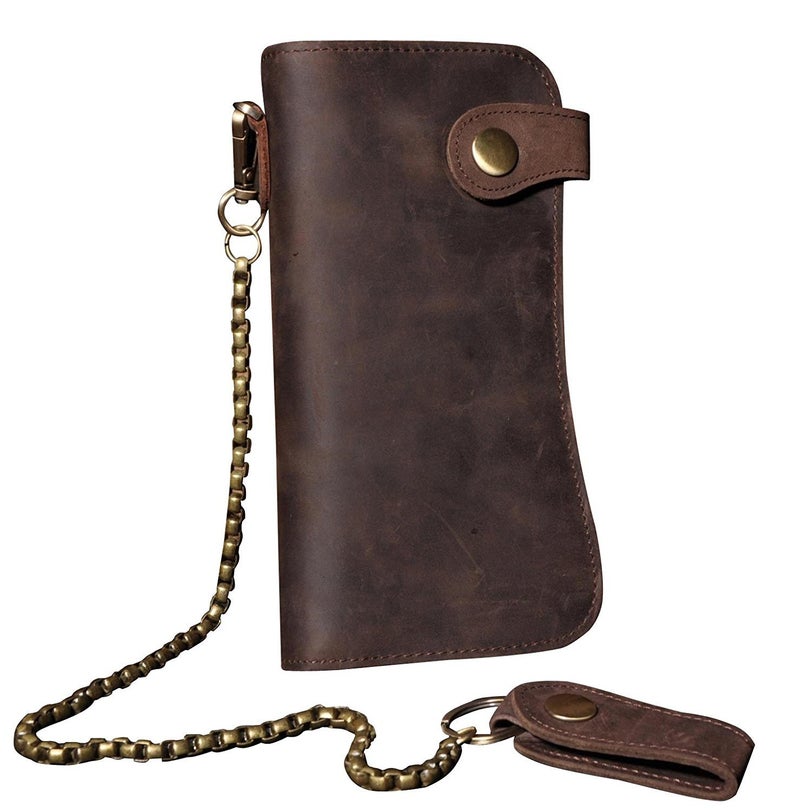 RS Mens Wallet with Chain Leather Long Bifold Trucker Wallet Vintage Biker Money Clip with Zipper(Brown w/Iron Chain) - Image 1