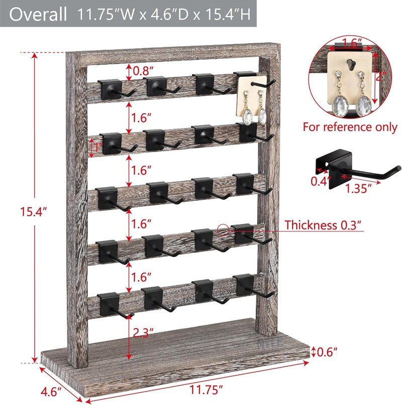 Ikee Design 5 Tiers Free Assemble Wooden Jewelry Display Rack with 20 Removable Metal Hooks,Earring Card Display Stand,Jewelry Organizer,Bracelet Organizer,Keychain Display Stand,Coffee Color - Image 2