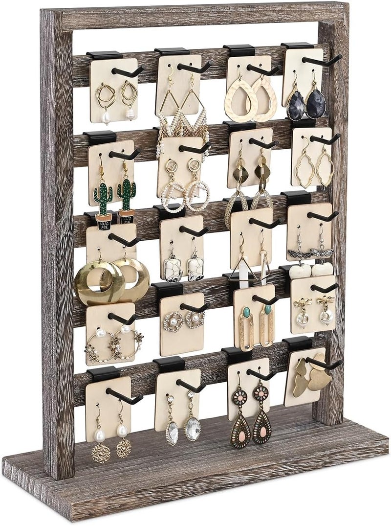 Ikee Design 5 Tiers Free Assemble Wooden Jewelry Display Rack with 20 Removable Metal Hooks,Earring Card Display Stand,Jewelry Organizer,Bracelet Organizer,Keychain Display Stand,Coffee Color - Image 1
