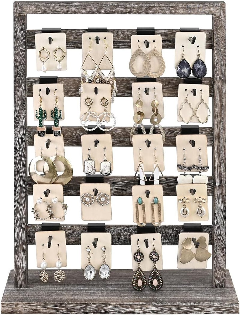Ikee Design 5 Tiers Free Assemble Wooden Jewelry Display Rack with 20 Removable Metal Hooks,Earring Card Display Stand,Jewelry Organizer,Bracelet Organizer,Keychain Display Stand,Coffee Color - Image 3